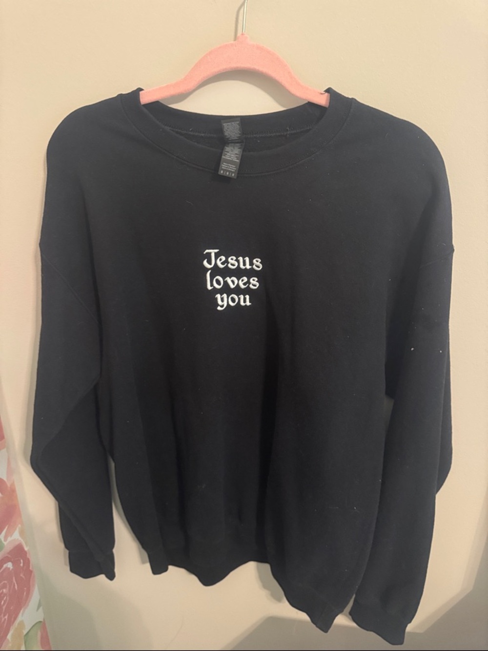 Gildan Black Crewneck Sweatshirt with White 'Jesus Loves You' Embroidery